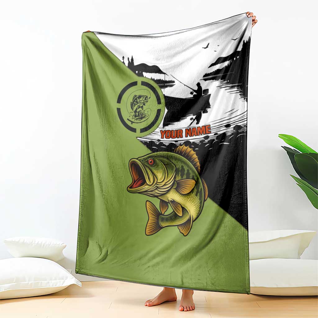Largemouth Bass Fishing Blanket Fish On Text and Boat Scene in Green and Black Custom Design - Wonder Print Shop