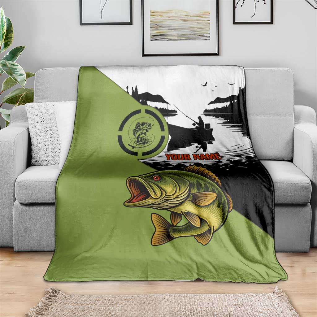 Largemouth Bass Fishing Blanket Fish On Text and Boat Scene in Green and Black Custom Design - Wonder Print Shop