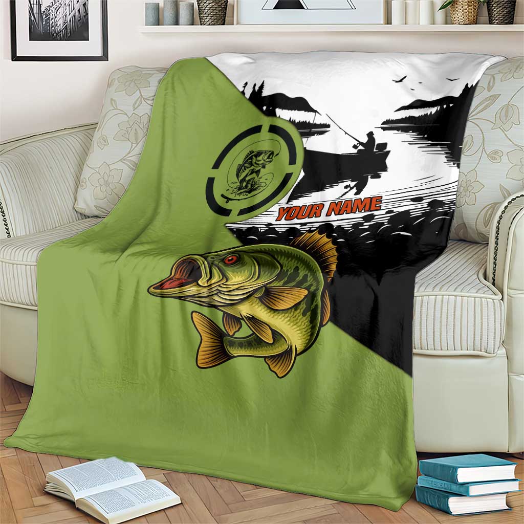 Largemouth Bass Fishing Blanket Fish On Text and Boat Scene in Green and Black Custom Design - Wonder Print Shop