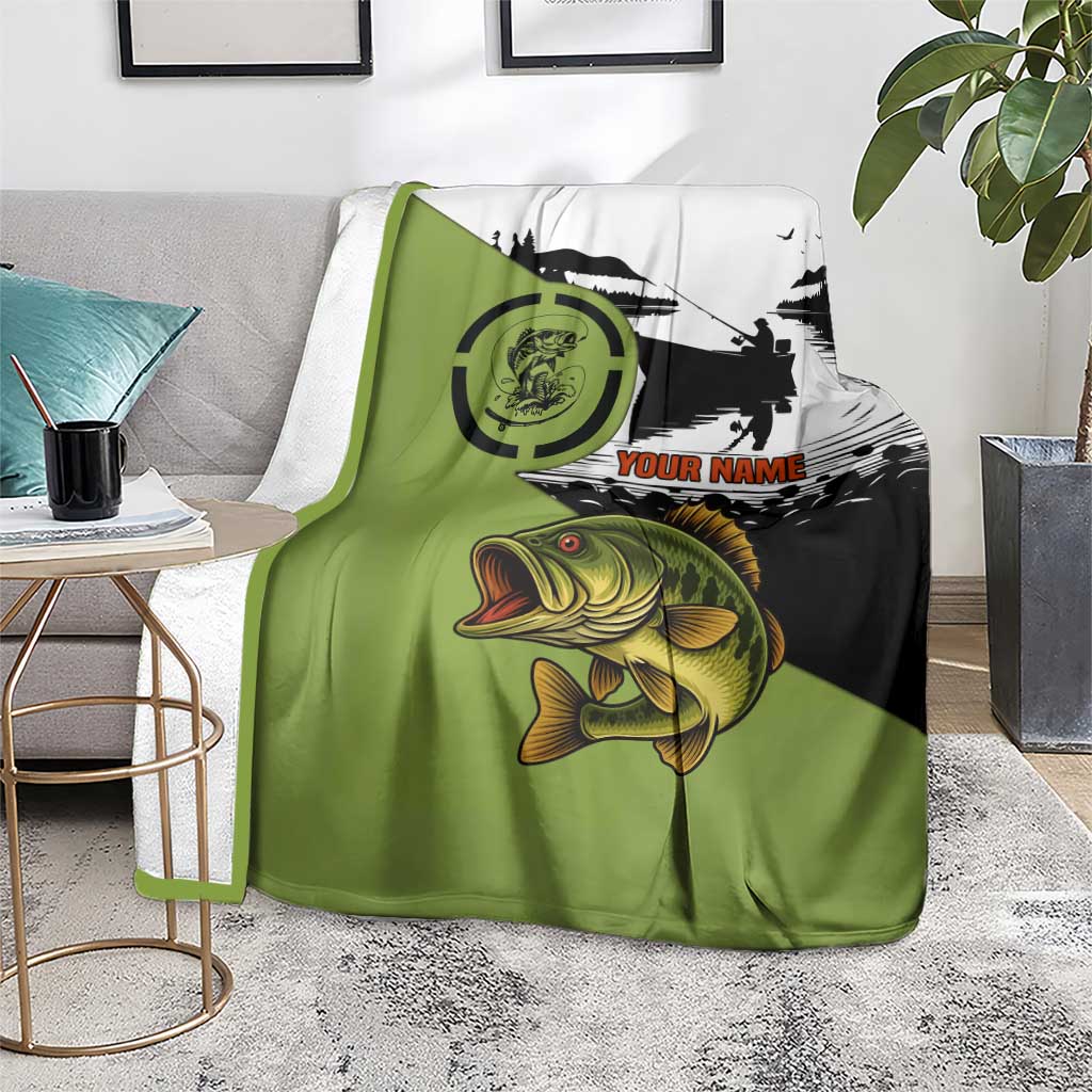 Largemouth Bass Fishing Blanket Fish On Text and Boat Scene in Green and Black Custom Design - Wonder Print Shop