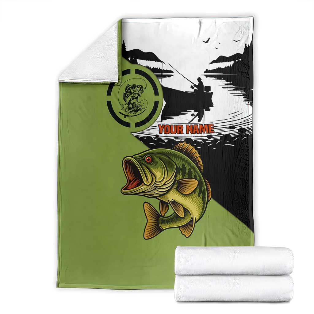 Largemouth Bass Fishing Blanket Fish On Text and Boat Scene in Green and Black Custom Design - Wonder Print Shop
