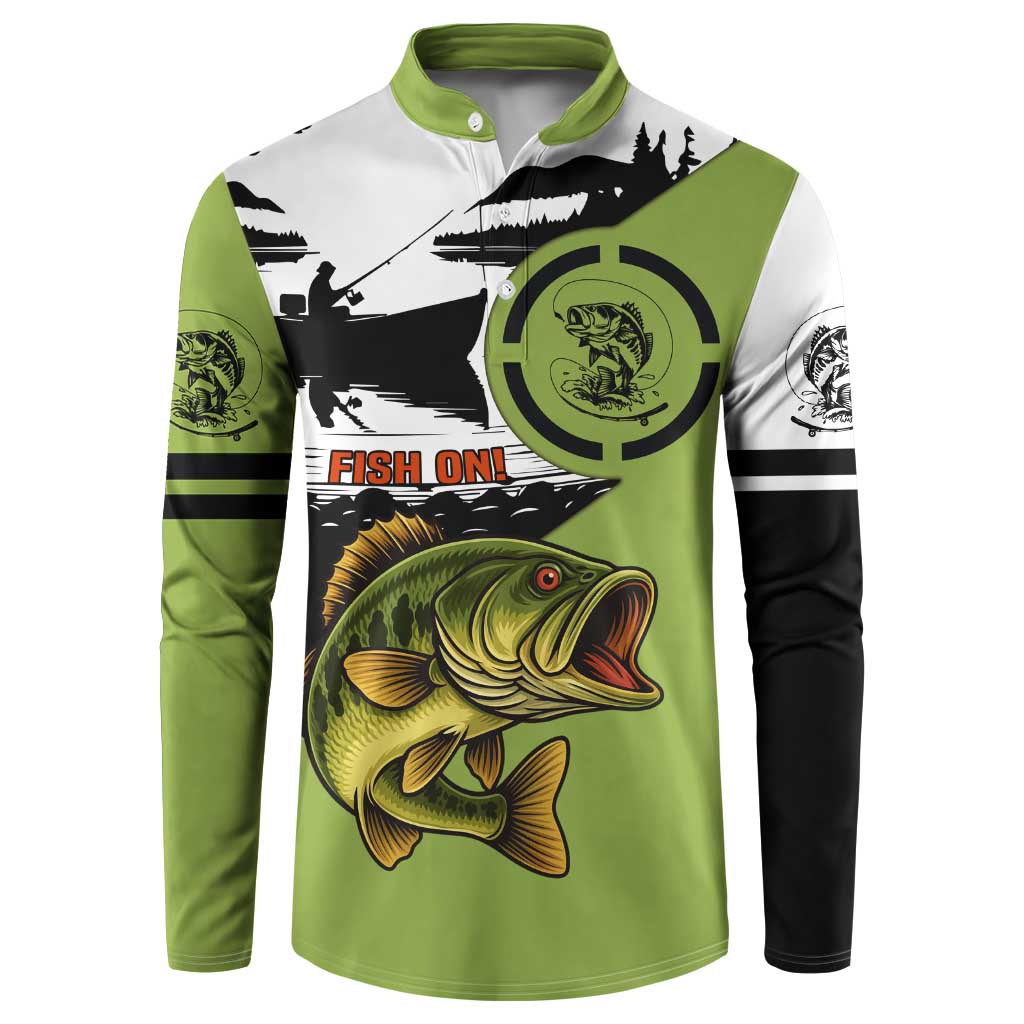 Largemouth Bass Fishing Button Sweatshirt Fish On Text and Boat Scene in Green and Black Custom Design - Wonder Print Shop