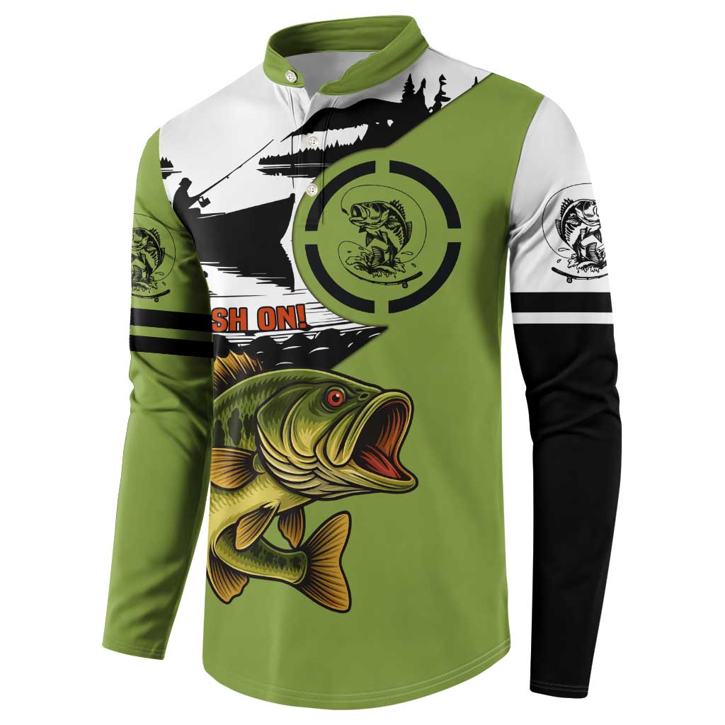 Largemouth Bass Fishing Button Sweatshirt Fish On Text and Boat Scene in Green and Black Custom Design - Wonder Print Shop