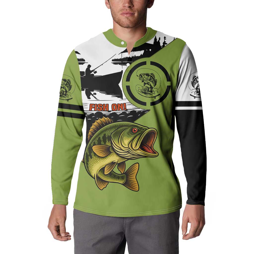Largemouth Bass Fishing Button Sweatshirt Fish On Text and Boat Scene in Green and Black Custom Design - Wonder Print Shop