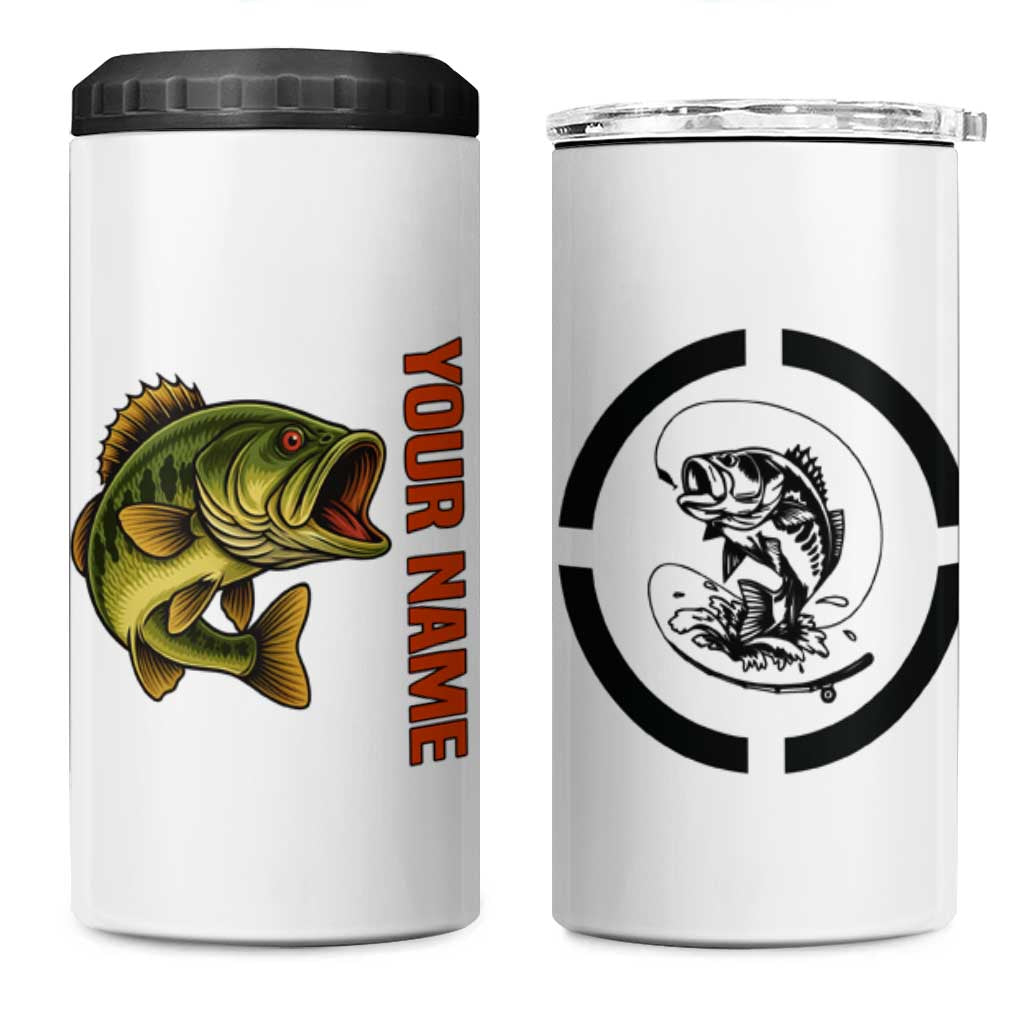 Largemouth Bass Fishing 4 in 1 Can Cooler Tumbler Fish On Text and Boat Scene in Green and Black Custom Design - Wonder Print Shop
