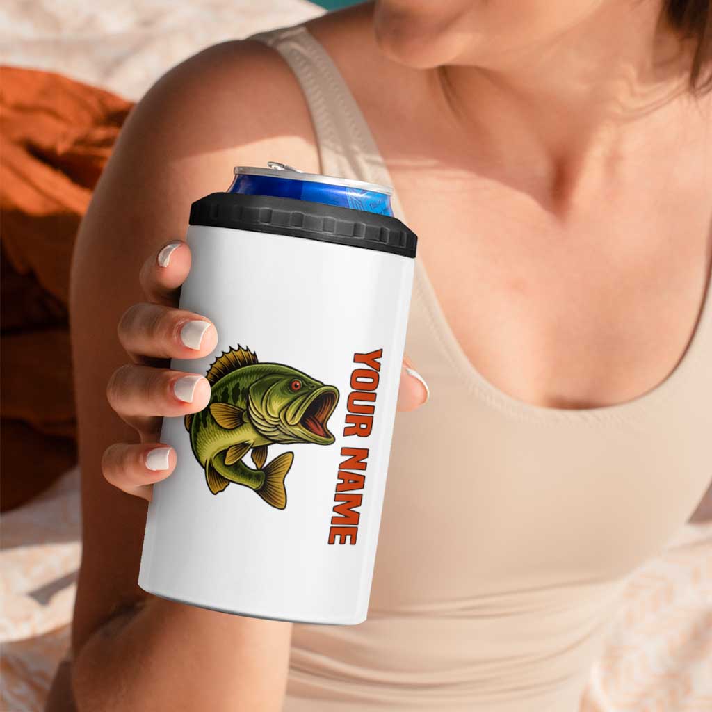 Largemouth Bass Fishing 4 in 1 Can Cooler Tumbler Fish On Text and Boat Scene in Green and Black Custom Design - Wonder Print Shop