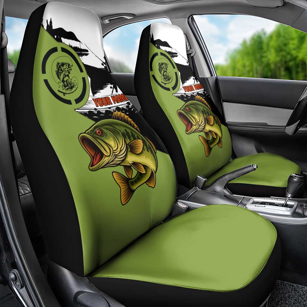 Largemouth Bass Fishing Car Seat Cover Fish On Text and Boat Scene in Green and Black Custom Design - Wonder Print Shop