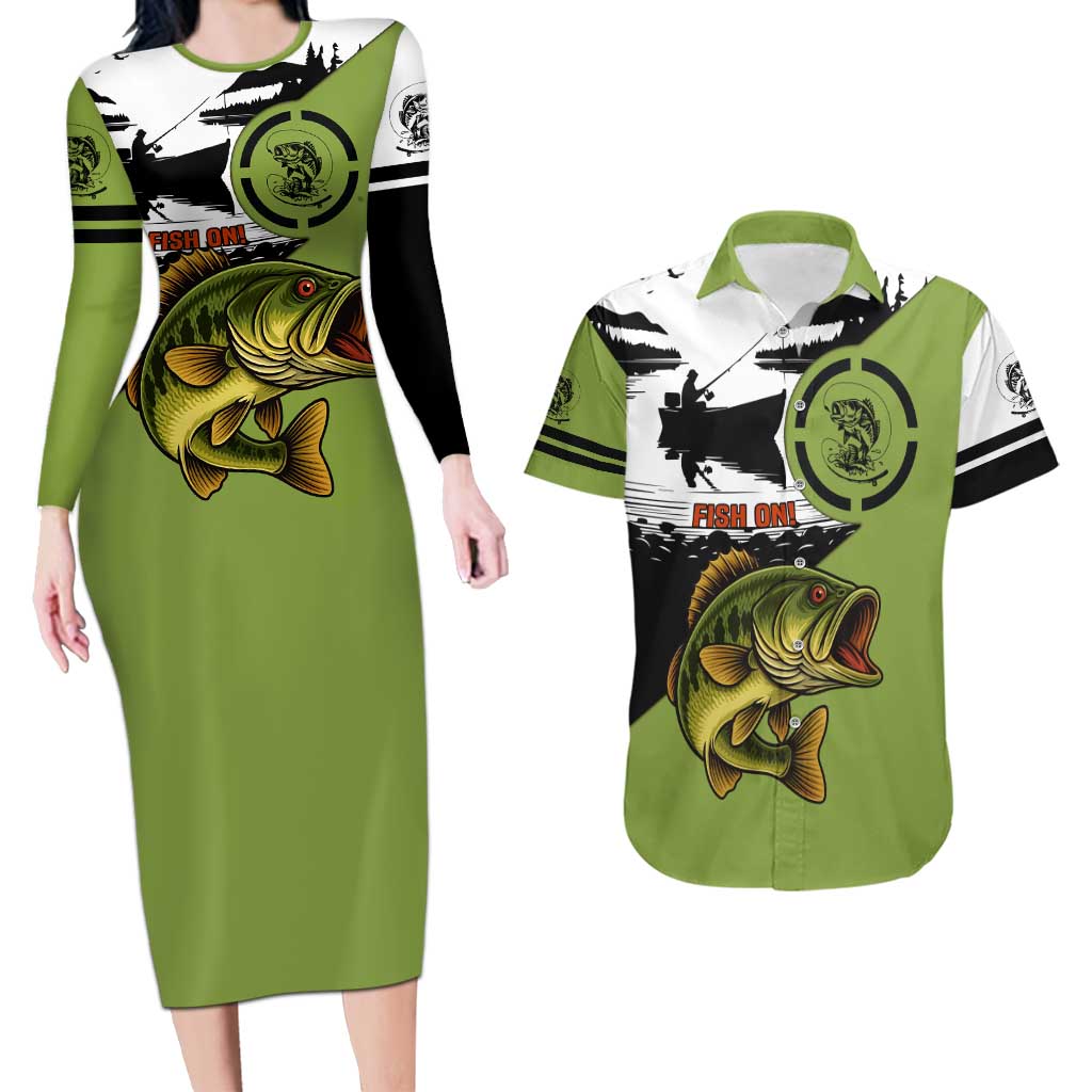 Largemouth Bass Fishing Couples Matching Long Sleeve Bodycon Dress and Hawaiian Shirt Fish On Text and Boat Scene in Green and Black Custom Design - Wonder Print Shop