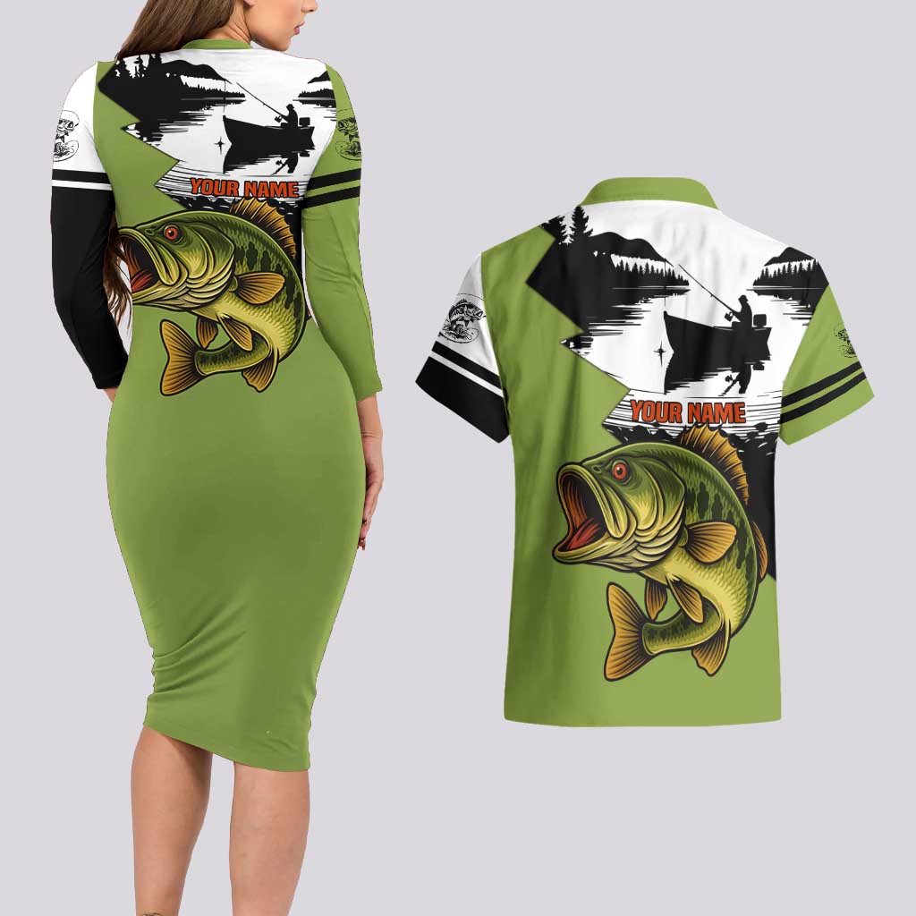 Largemouth Bass Fishing Couples Matching Long Sleeve Bodycon Dress and Hawaiian Shirt Fish On Text and Boat Scene in Green and Black Custom Design - Wonder Print Shop
