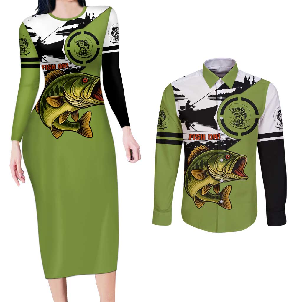 Largemouth Bass Fishing Couples Matching Long Sleeve Bodycon Dress and Long Sleeve Button Shirt Fish On Text and Boat Scene in Green and Black Custom Design - Wonder Print Shop