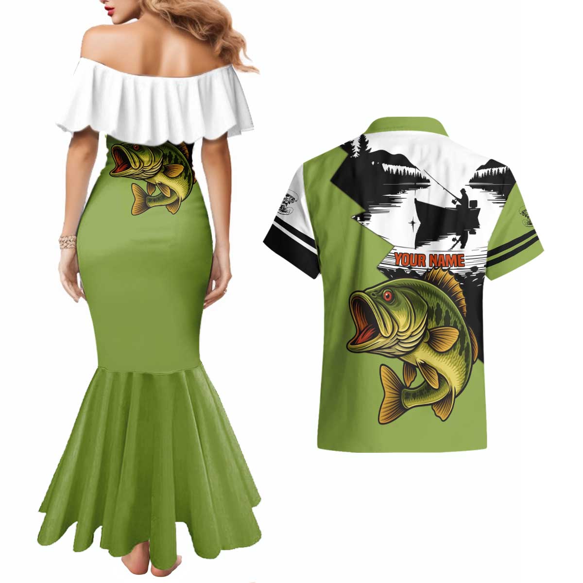 Largemouth Bass Fishing Couples Matching Mermaid Dress and Hawaiian Shirt Fish On Text and Boat Scene in Green and Black Custom Design - Wonder Print Shop