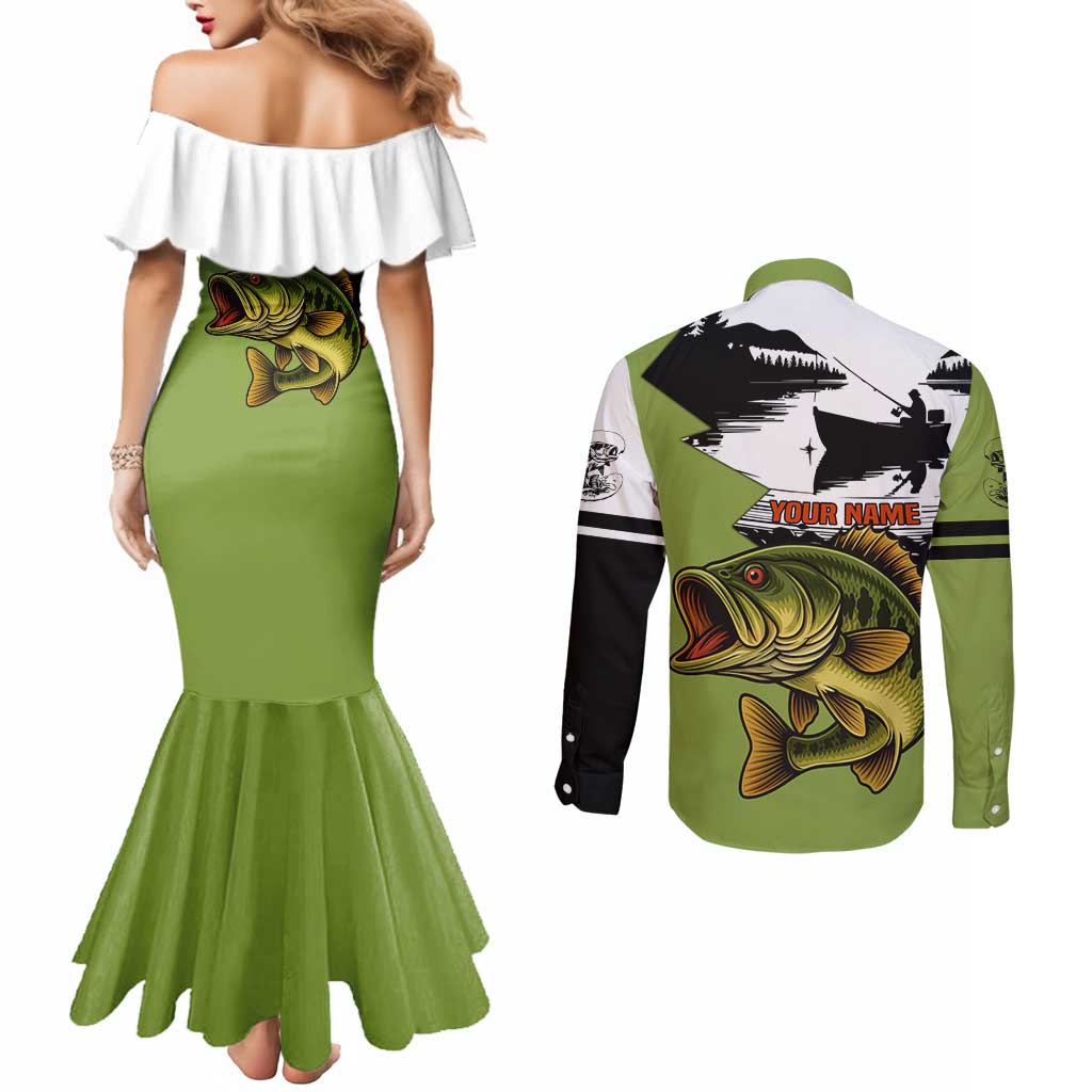 Largemouth Bass Fishing Couples Matching Mermaid Dress and Long Sleeve Button Shirt Fish On Text and Boat Scene in Green and Black Custom Design - Wonder Print Shop