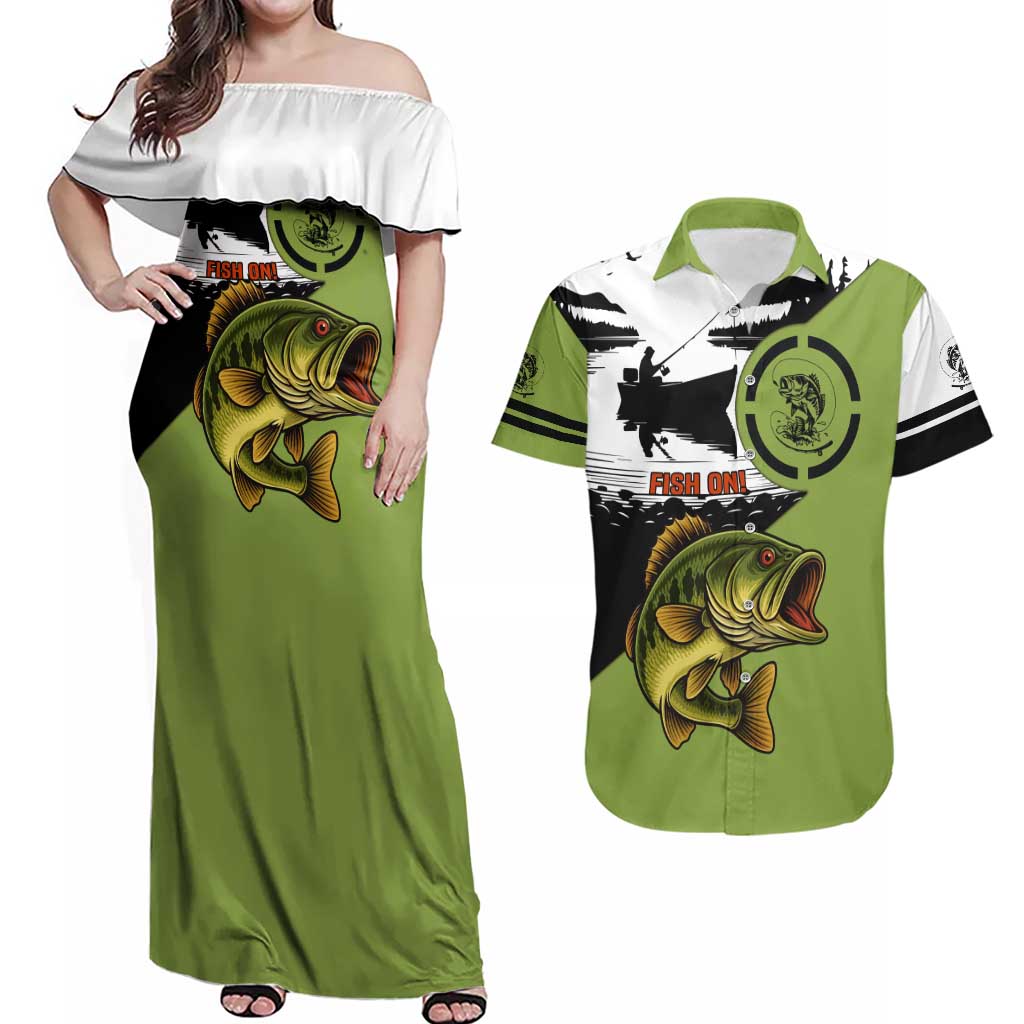 Largemouth Bass Fishing Couples Matching Off Shoulder Maxi Dress and Hawaiian Shirt Fish On Text and Boat Scene in Green and Black Custom Design - Wonder Print Shop