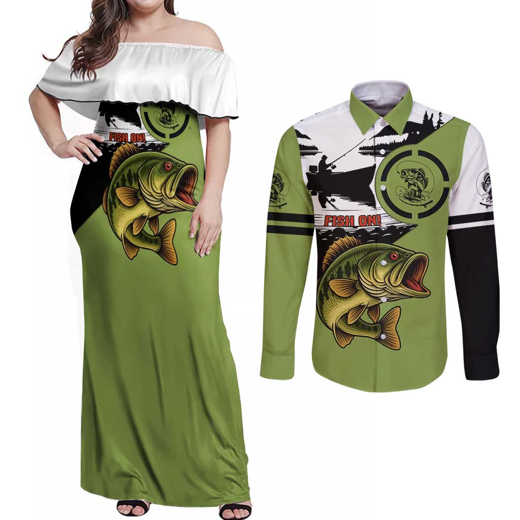 Largemouth Bass Fishing Couples Matching Off Shoulder Maxi Dress and Long Sleeve Button Shirt Fish On Text and Boat Scene in Green and Black Custom Design - Wonder Print Shop