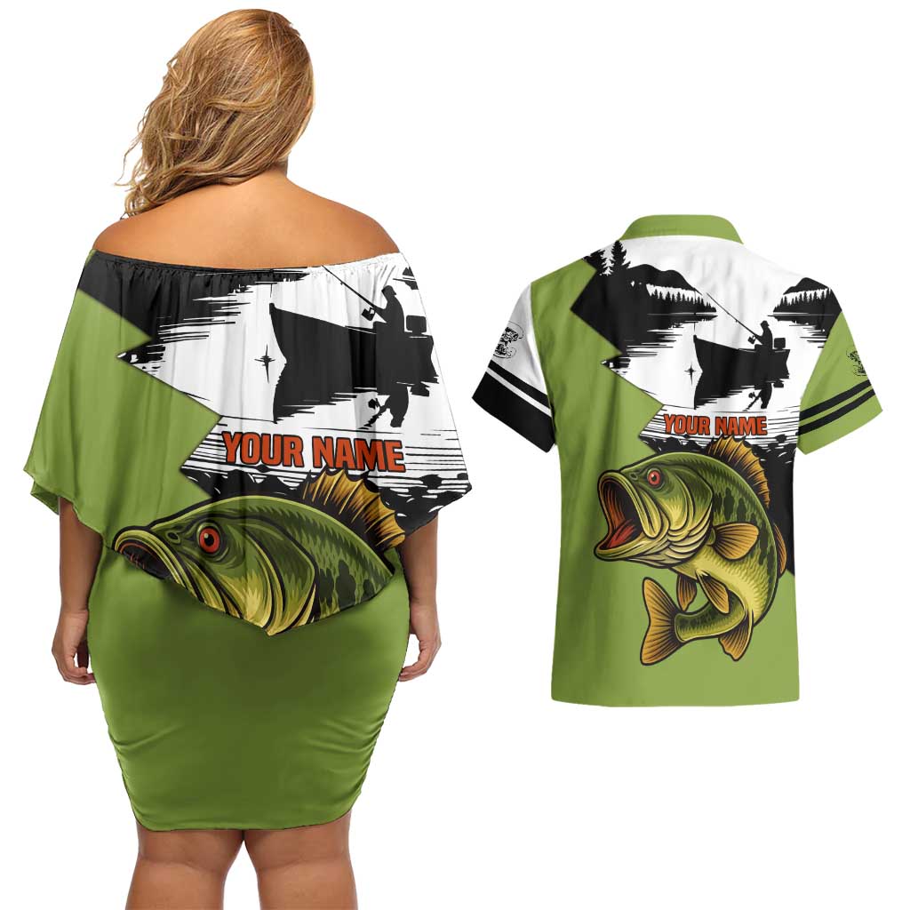 Largemouth Bass Fishing Couples Matching Off Shoulder Short Dress and Hawaiian Shirt Fish On Text and Boat Scene in Green and Black Custom Design - Wonder Print Shop