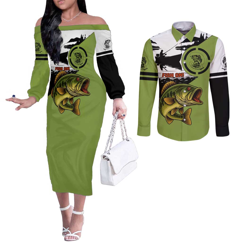 Largemouth Bass Fishing Couples Matching Off The Shoulder Long Sleeve Dress and Long Sleeve Button Shirt Fish On Text and Boat Scene in Green and Black Custom Design - Wonder Print Shop