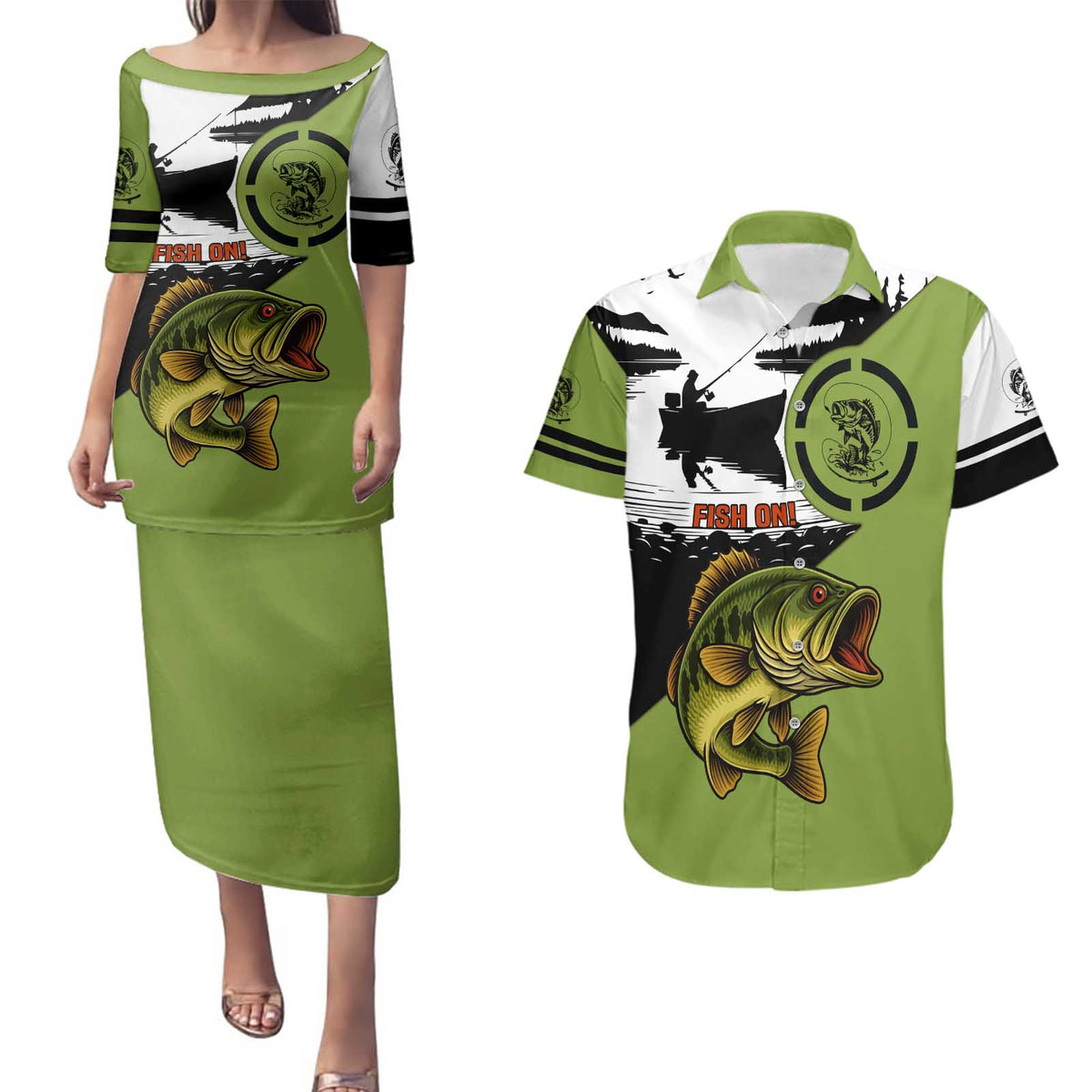 Largemouth Bass Fishing Couples Matching Puletasi and Hawaiian Shirt Fish On Text and Boat Scene in Green and Black Custom Design - Wonder Print Shop