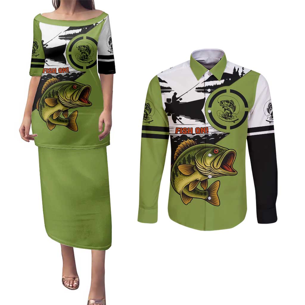 Largemouth Bass Fishing Couples Matching Puletasi and Long Sleeve Button Shirt Fish On Text and Boat Scene in Green and Black Custom Design - Wonder Print Shop