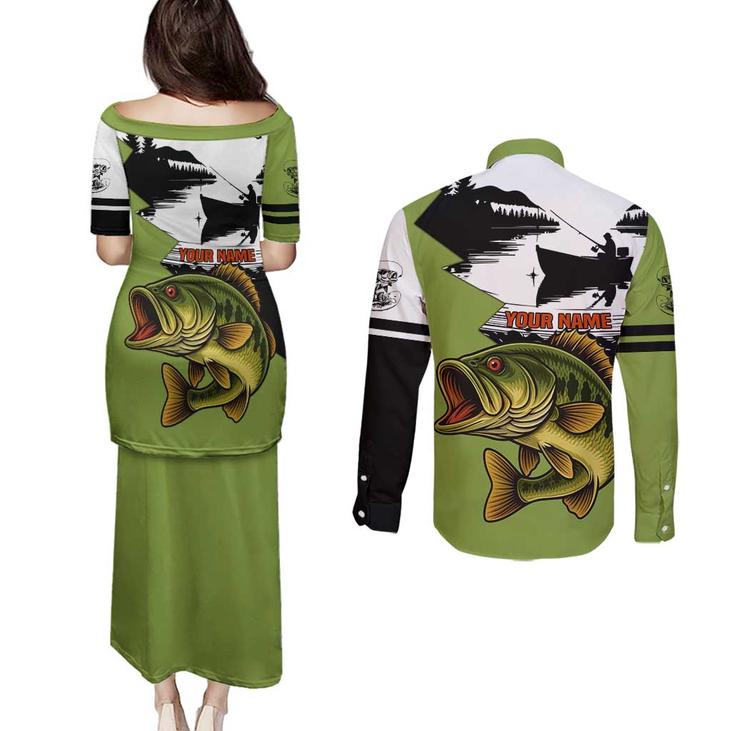 Largemouth Bass Fishing Couples Matching Puletasi and Long Sleeve Button Shirt Fish On Text and Boat Scene in Green and Black Custom Design - Wonder Print Shop