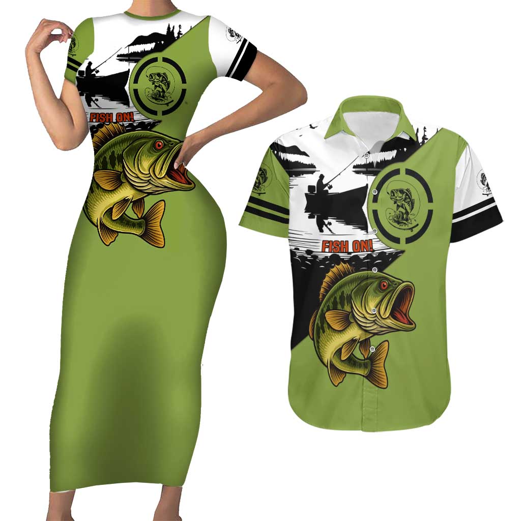 Largemouth Bass Fishing Couples Matching Short Sleeve Bodycon Dress and Hawaiian Shirt Fish On Text and Boat Scene in Green and Black Custom Design - Wonder Print Shop