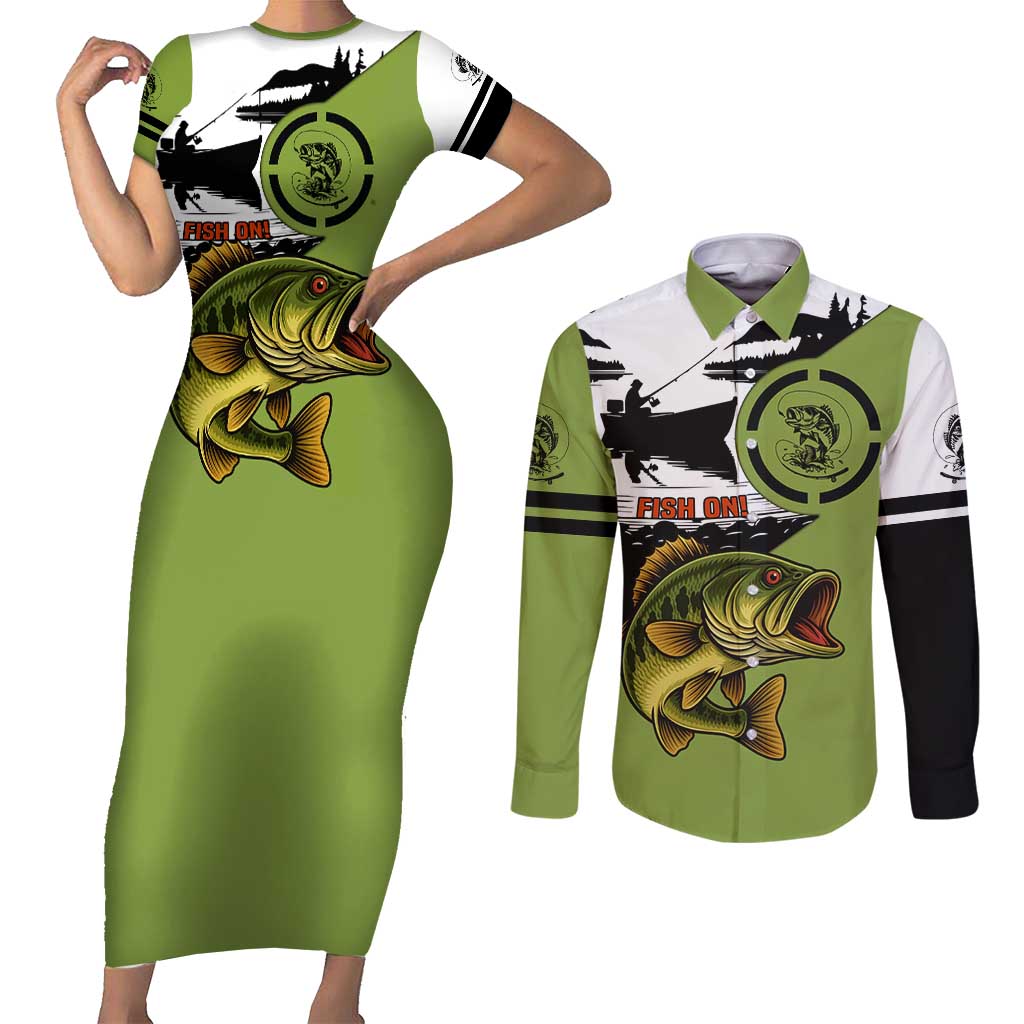 Largemouth Bass Fishing Couples Matching Short Sleeve Bodycon Dress and Long Sleeve Button Shirt Fish On Text and Boat Scene in Green and Black Custom Design - Wonder Print Shop