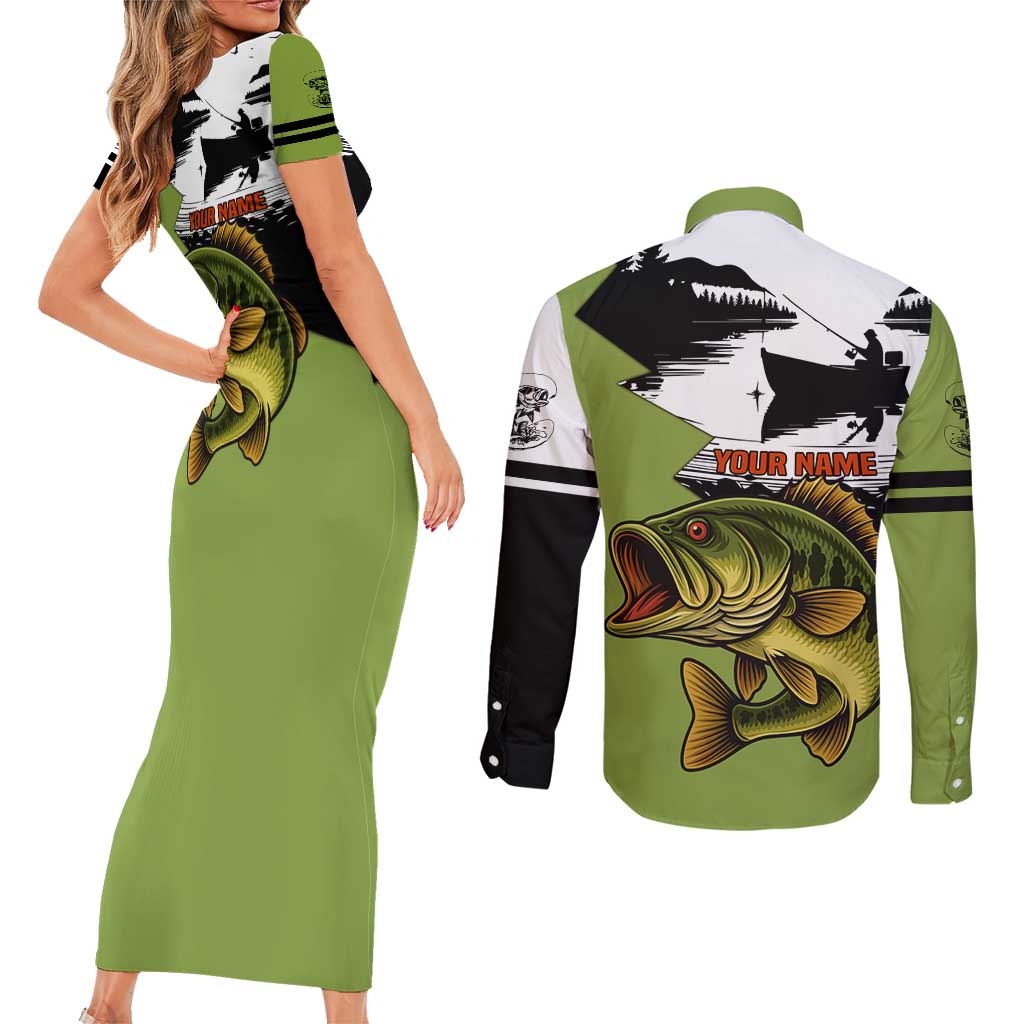 Largemouth Bass Fishing Couples Matching Short Sleeve Bodycon Dress and Long Sleeve Button Shirt Fish On Text and Boat Scene in Green and Black Custom Design - Wonder Print Shop
