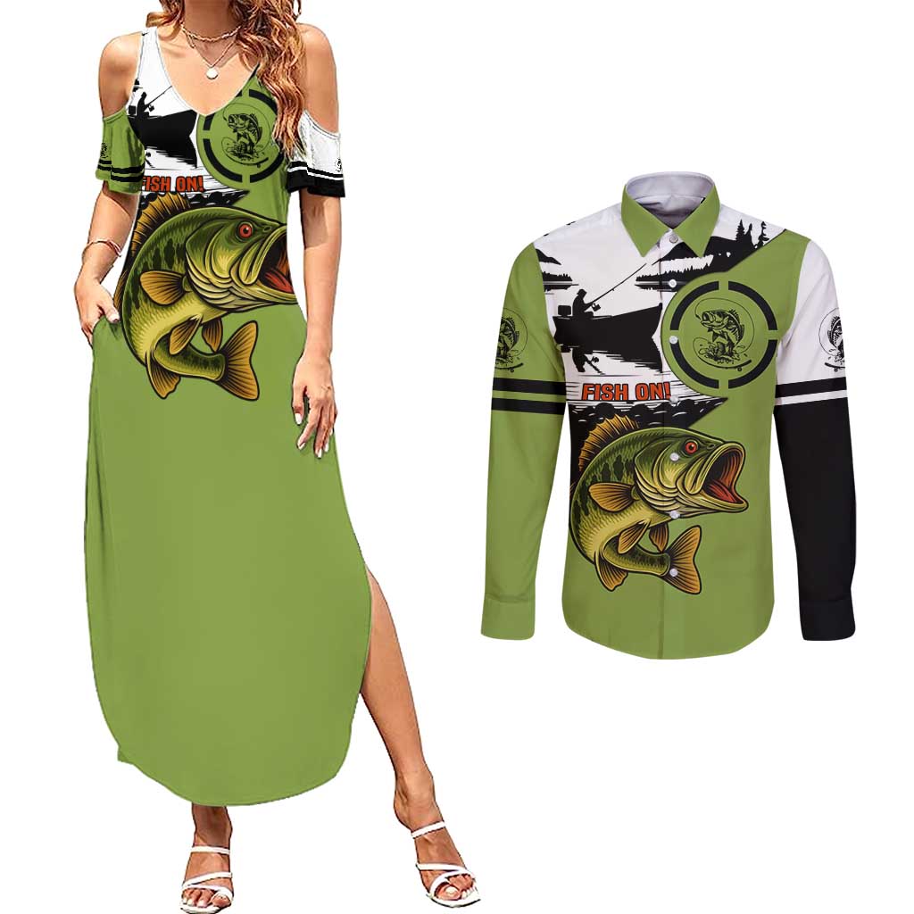 Largemouth Bass Fishing Couples Matching Summer Maxi Dress and Long Sleeve Button Shirt Fish On Text and Boat Scene in Green and Black Custom Design - Wonder Print Shop