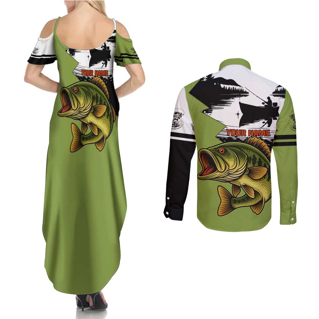 Largemouth Bass Fishing Couples Matching Summer Maxi Dress and Long Sleeve Button Shirt Fish On Text and Boat Scene in Green and Black Custom Design - Wonder Print Shop