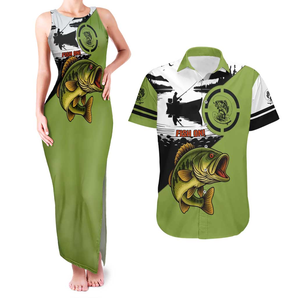 Largemouth Bass Fishing Couples Matching Tank Maxi Dress and Hawaiian Shirt Fish On Text and Boat Scene in Green and Black Custom Design - Wonder Print Shop