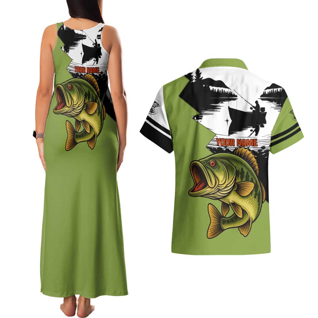 Largemouth Bass Fishing Couples Matching Tank Maxi Dress and Hawaiian Shirt Fish On Text and Boat Scene in Green and Black Custom Design - Wonder Print Shop