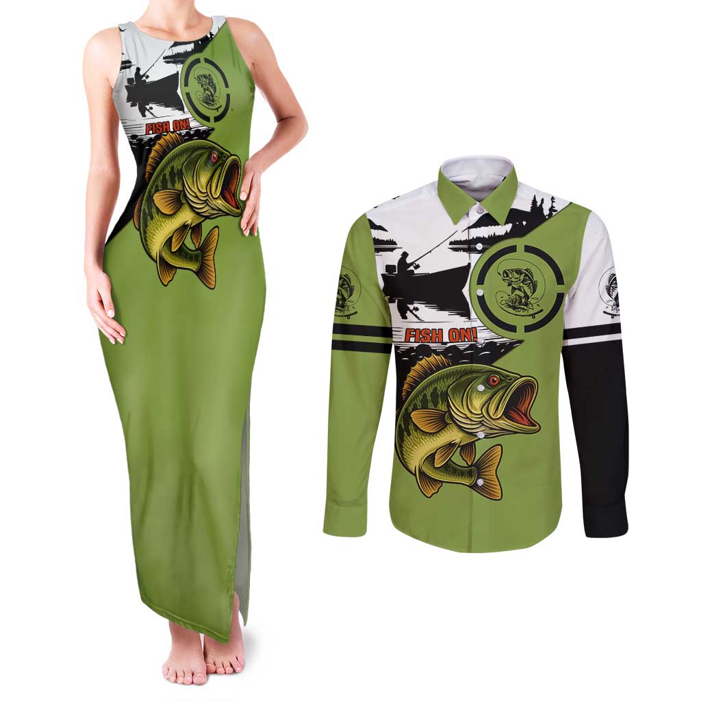 Largemouth Bass Fishing Couples Matching Tank Maxi Dress and Long Sleeve Button Shirt Fish On Text and Boat Scene in Green and Black Custom Design - Wonder Print Shop