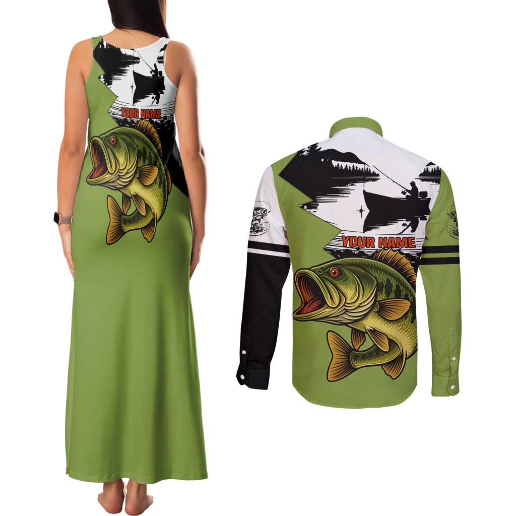 Largemouth Bass Fishing Couples Matching Tank Maxi Dress and Long Sleeve Button Shirt Fish On Text and Boat Scene in Green and Black Custom Design - Wonder Print Shop