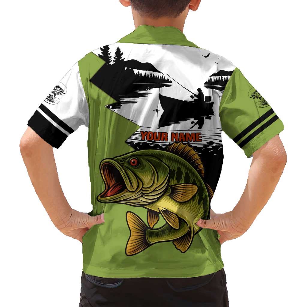Largemouth Bass Fishing Family Matching Long Sleeve Bodycon Dress and Hawaiian Shirt Fish On Text and Boat Scene in Green and Black Custom Design - Wonder Print Shop