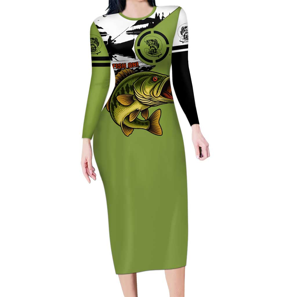 Largemouth Bass Fishing Family Matching Long Sleeve Bodycon Dress and Hawaiian Shirt Fish On Text and Boat Scene in Green and Black Custom Design - Wonder Print Shop