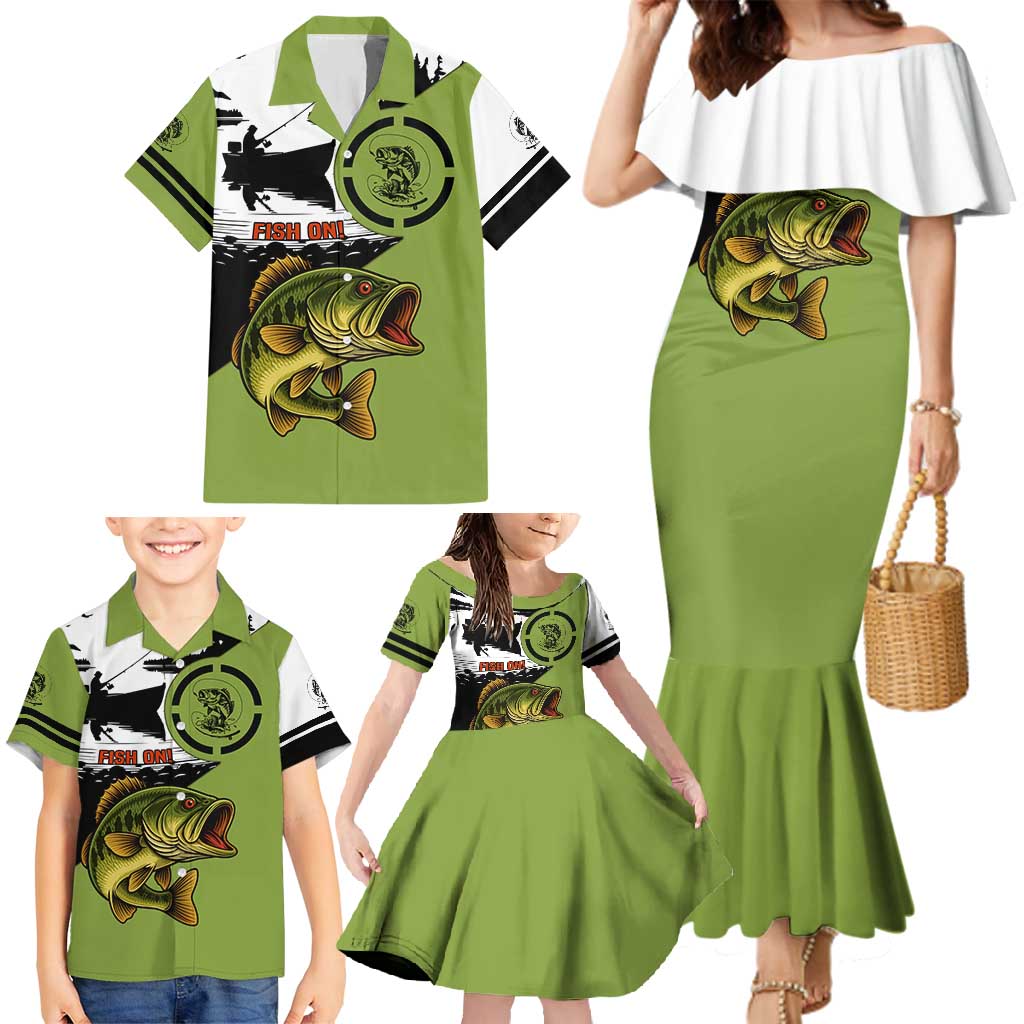 Largemouth Bass Fishing Family Matching Mermaid Dress and Hawaiian Shirt Fish On Text and Boat Scene in Green and Black Custom Design - Wonder Print Shop