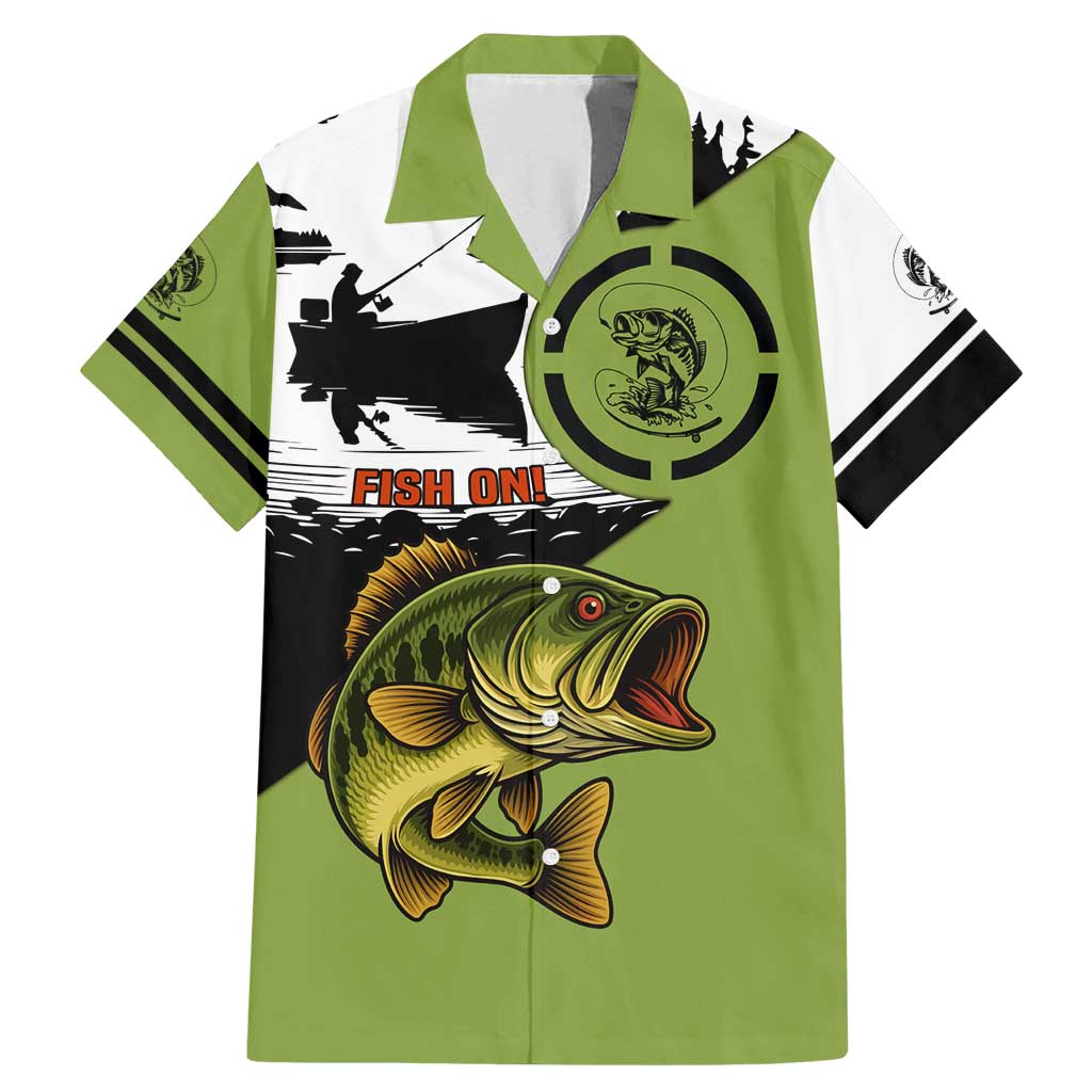 Largemouth Bass Fishing Family Matching Mermaid Dress and Hawaiian Shirt Fish On Text and Boat Scene in Green and Black Custom Design - Wonder Print Shop