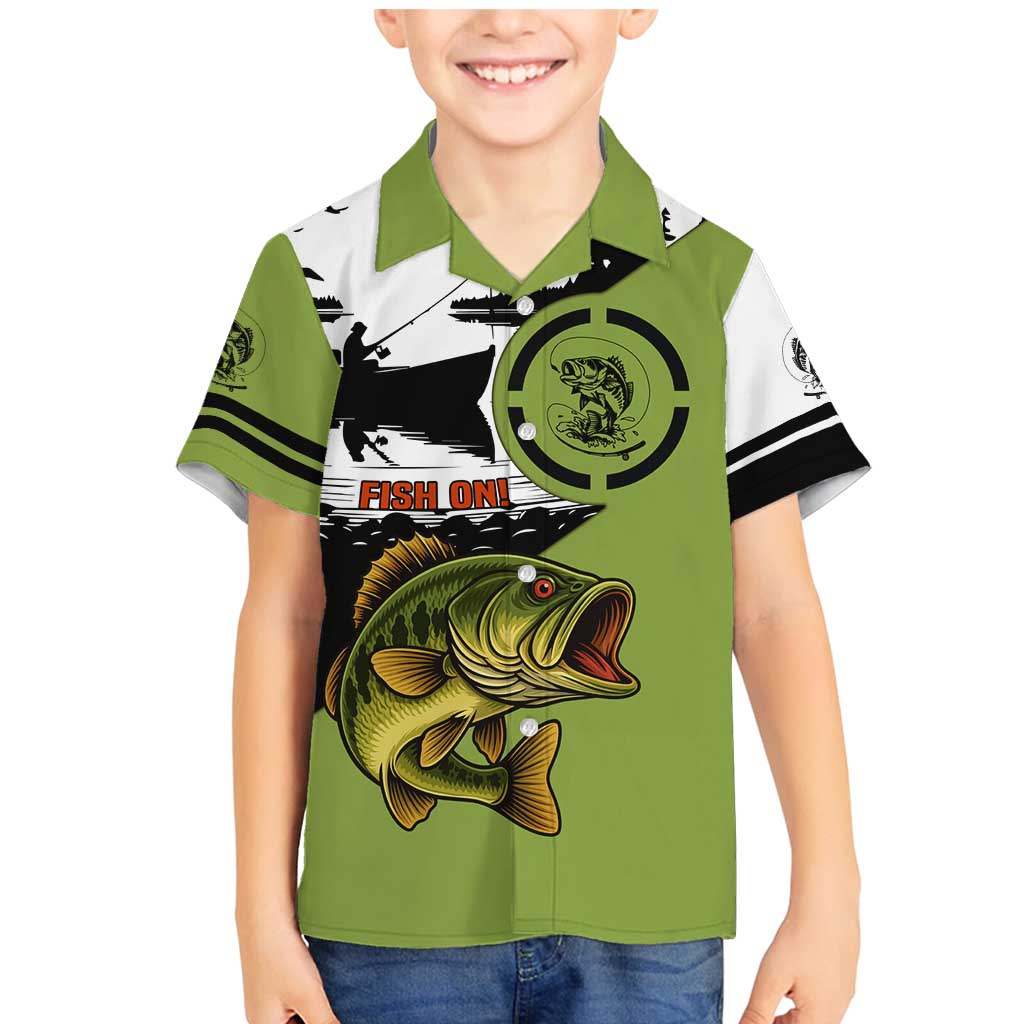 Largemouth Bass Fishing Family Matching Mermaid Dress and Hawaiian Shirt Fish On Text and Boat Scene in Green and Black Custom Design - Wonder Print Shop