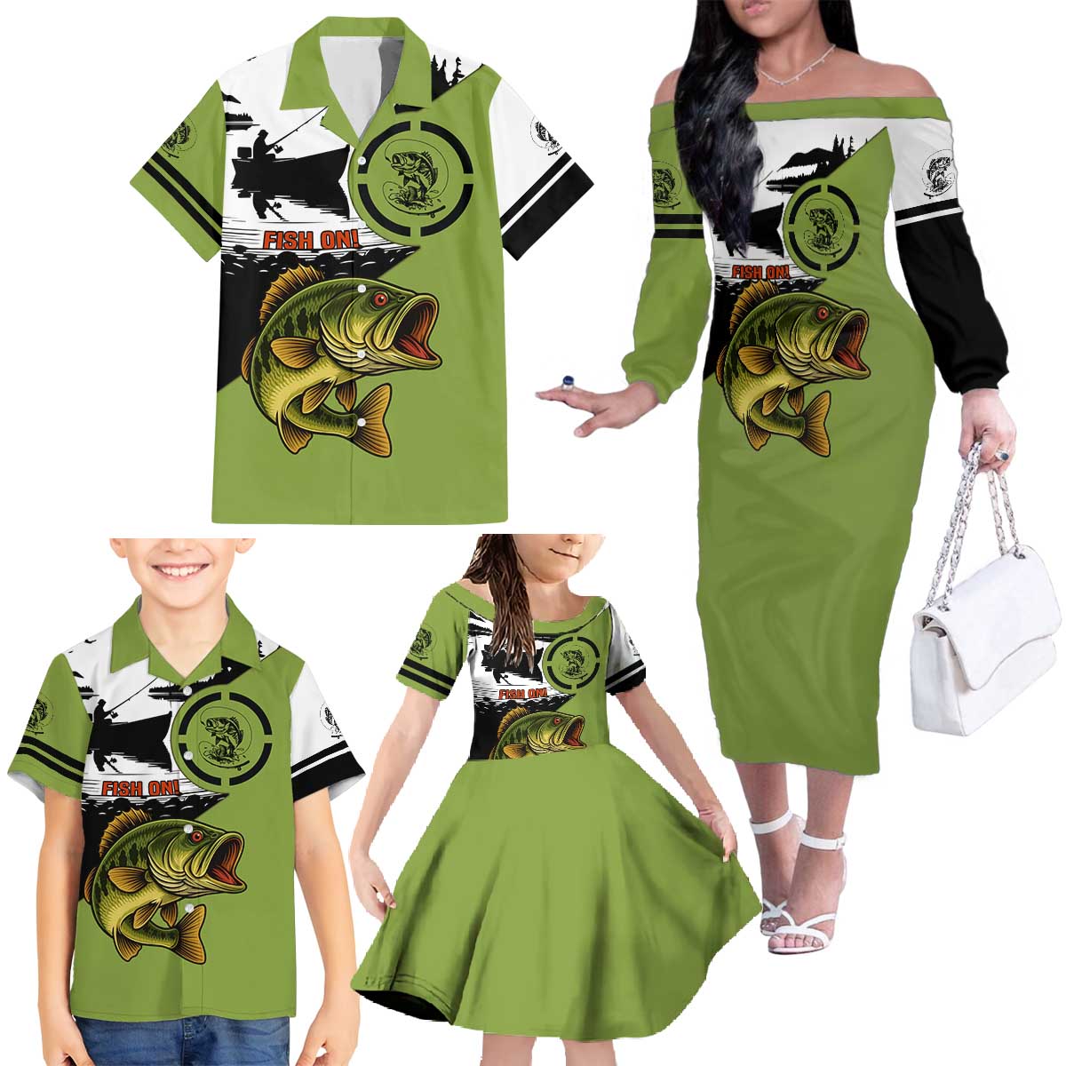 Largemouth Bass Fishing Family Matching Off The Shoulder Long Sleeve Dress and Hawaiian Shirt Fish On Text and Boat Scene in Green and Black Custom Design - Wonder Print Shop