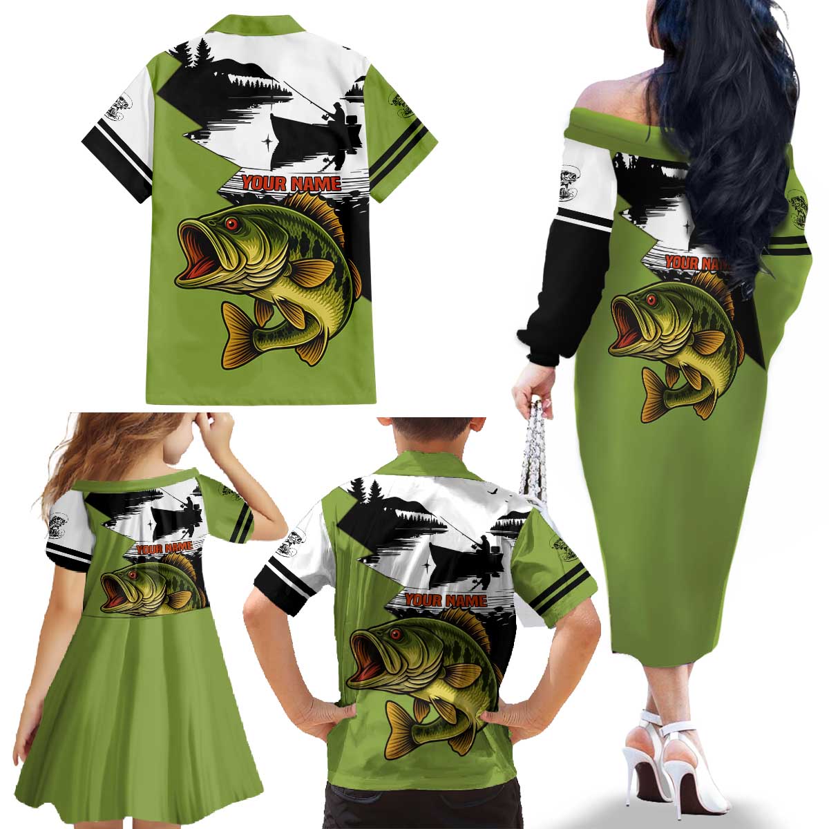 Largemouth Bass Fishing Family Matching Off The Shoulder Long Sleeve Dress and Hawaiian Shirt Fish On Text and Boat Scene in Green and Black Custom Design - Wonder Print Shop