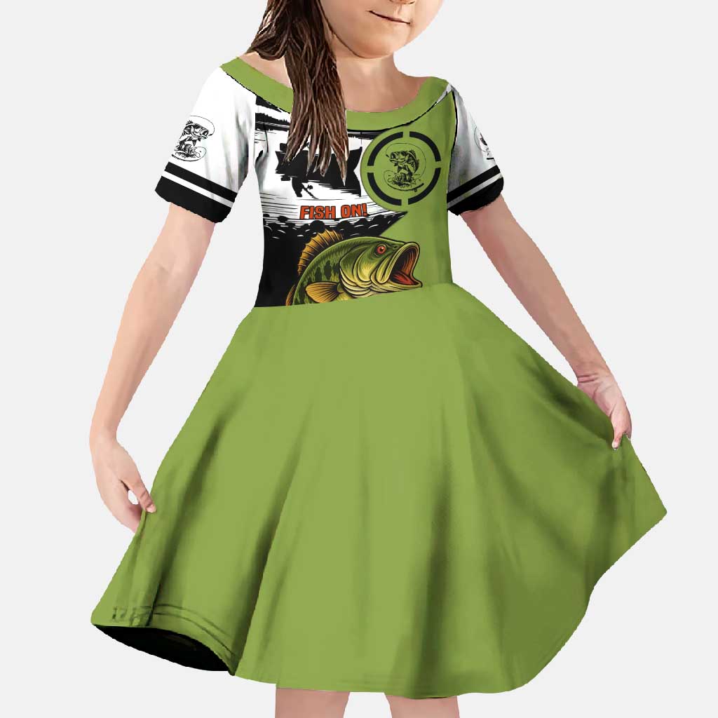 Largemouth Bass Fishing Family Matching Off Shoulder Maxi Dress and Hawaiian Shirt Fish On Text and Boat Scene in Green and Black Custom Design - Wonder Print Shop