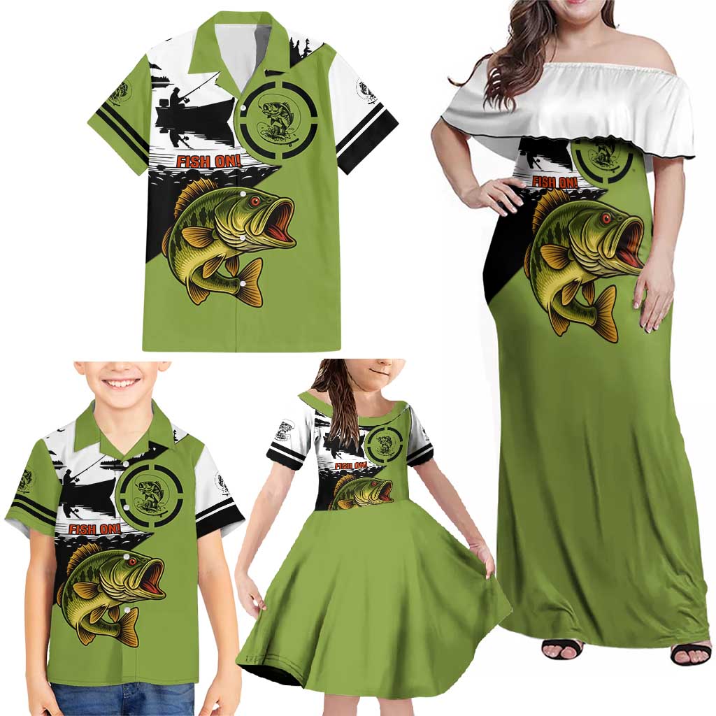 Largemouth Bass Fishing Family Matching Off Shoulder Maxi Dress and Hawaiian Shirt Fish On Text and Boat Scene in Green and Black Custom Design - Wonder Print Shop