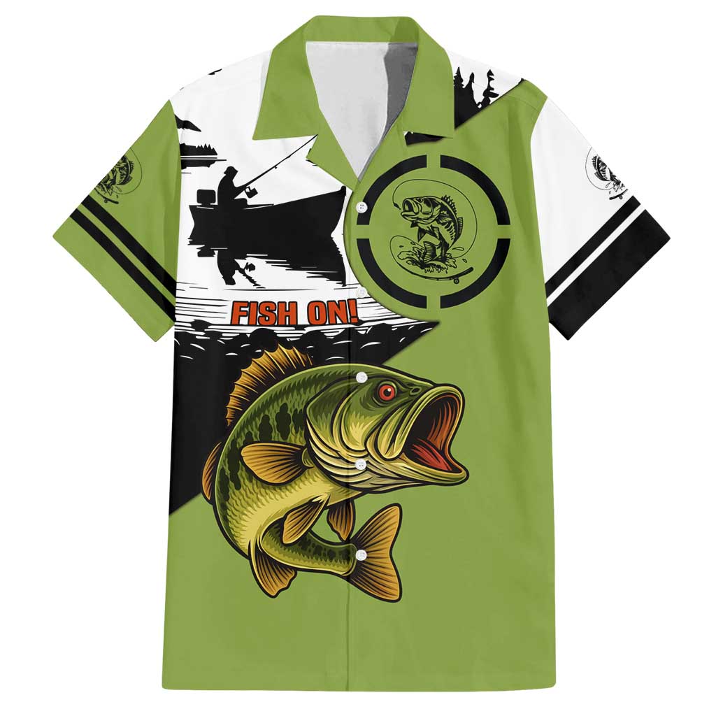 Largemouth Bass Fishing Family Matching Off Shoulder Maxi Dress and Hawaiian Shirt Fish On Text and Boat Scene in Green and Black Custom Design - Wonder Print Shop