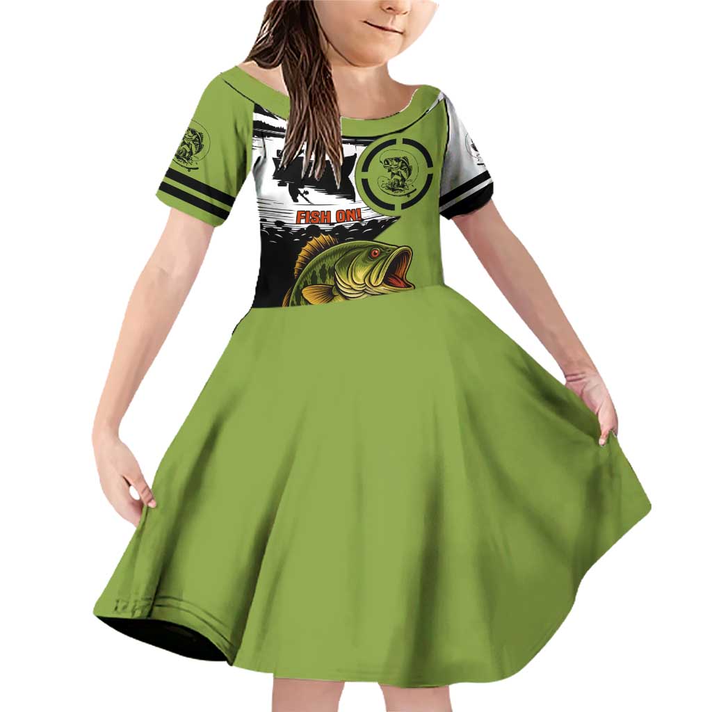 Largemouth Bass Fishing Family Matching Off Shoulder Short Dress and Hawaiian Shirt Fish On Text and Boat Scene in Green and Black Custom Design - Wonder Print Shop