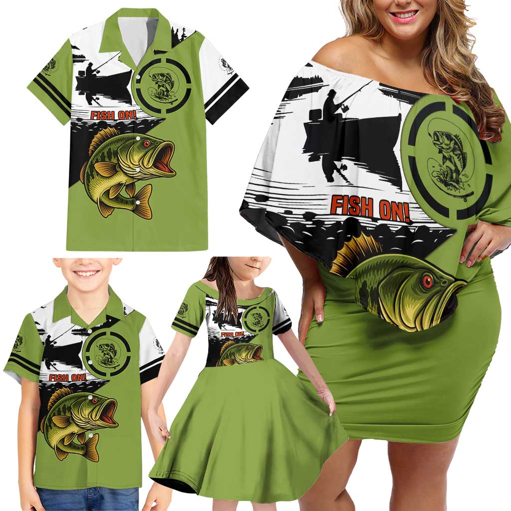 Largemouth Bass Fishing Family Matching Off Shoulder Short Dress and Hawaiian Shirt Fish On Text and Boat Scene in Green and Black Custom Design - Wonder Print Shop