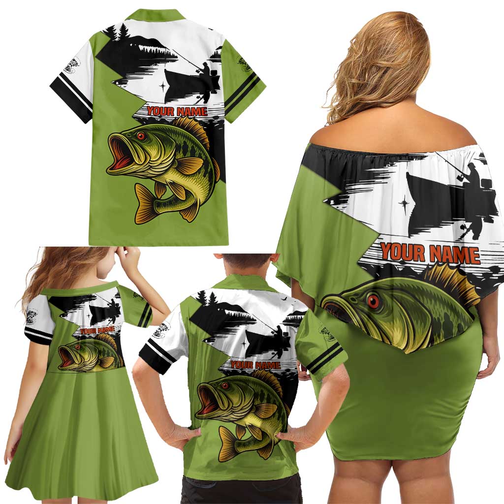 Largemouth Bass Fishing Family Matching Off Shoulder Short Dress and Hawaiian Shirt Fish On Text and Boat Scene in Green and Black Custom Design - Wonder Print Shop