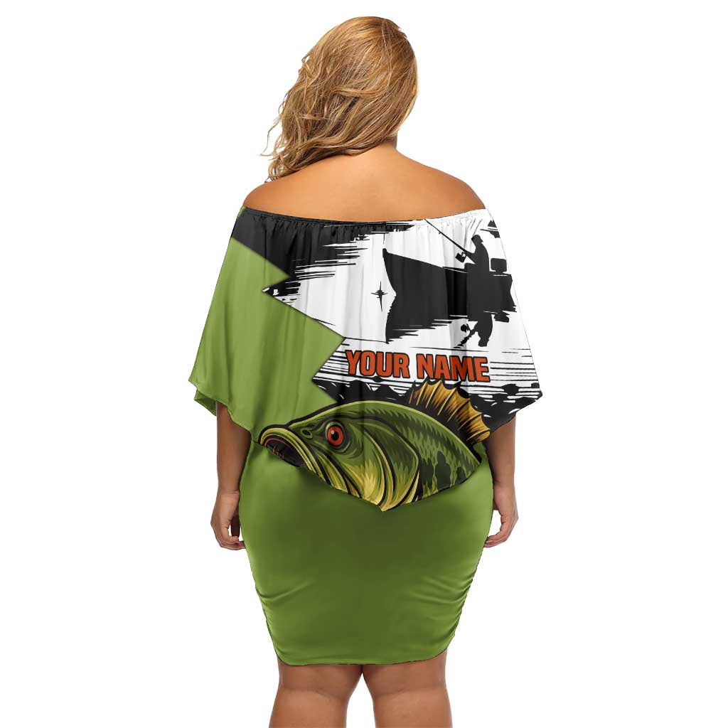 Largemouth Bass Fishing Family Matching Off Shoulder Short Dress and Hawaiian Shirt Fish On Text and Boat Scene in Green and Black Custom Design - Wonder Print Shop