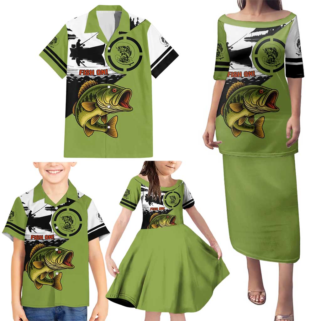 Largemouth Bass Fishing Family Matching Puletasi and Hawaiian Shirt Fish On Text and Boat Scene in Green and Black Custom Design - Wonder Print Shop
