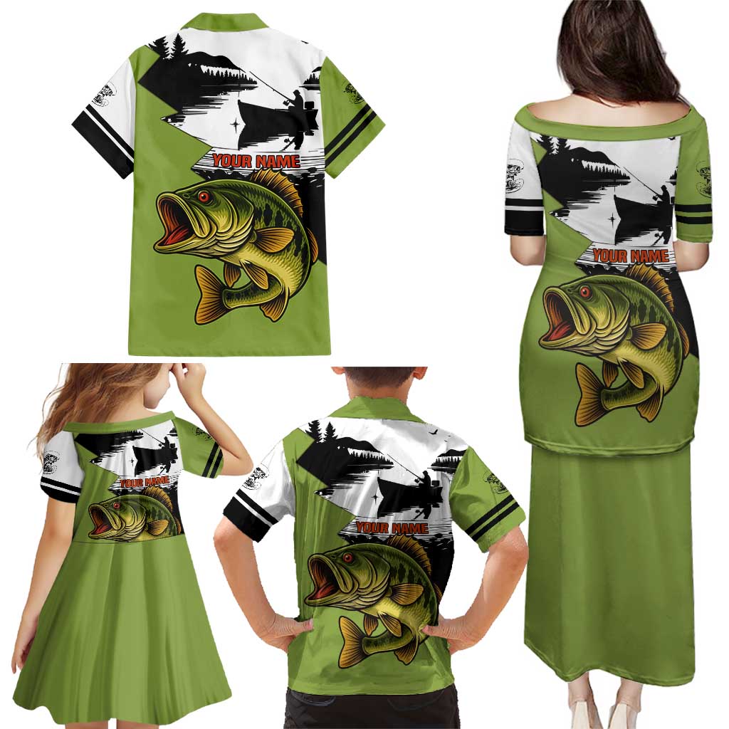 Largemouth Bass Fishing Family Matching Puletasi and Hawaiian Shirt Fish On Text and Boat Scene in Green and Black Custom Design - Wonder Print Shop