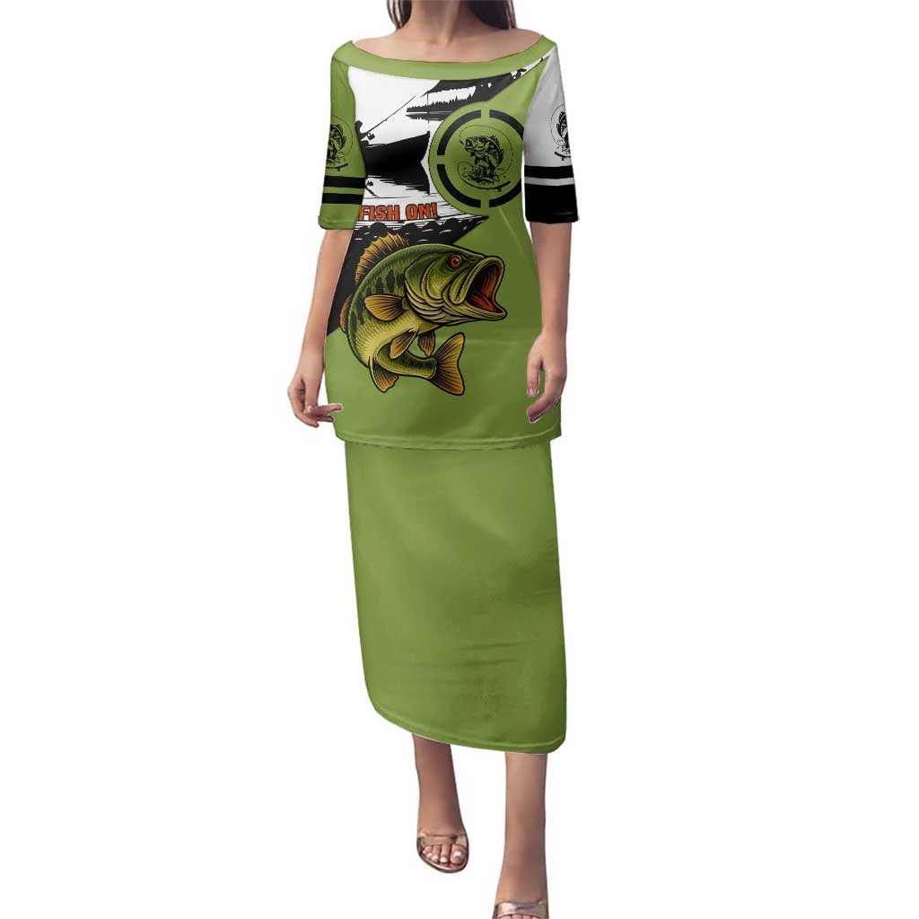 Largemouth Bass Fishing Family Matching Puletasi and Hawaiian Shirt Fish On Text and Boat Scene in Green and Black Custom Design - Wonder Print Shop