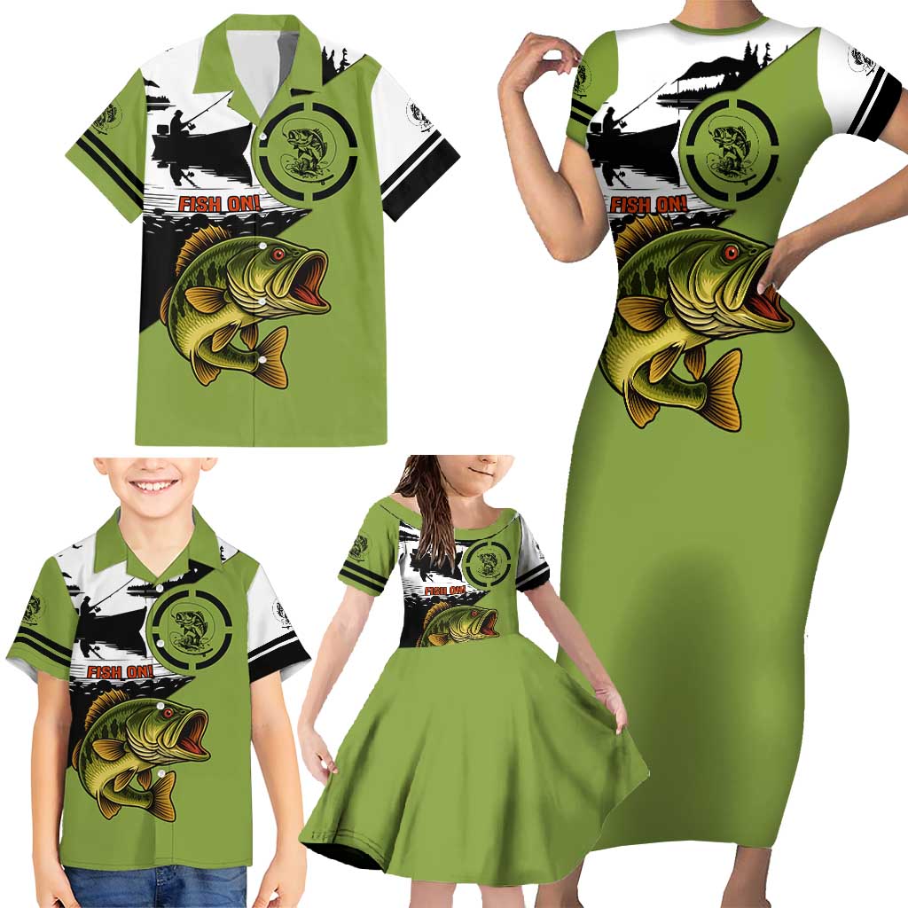 Largemouth Bass Fishing Family Matching Short Sleeve Bodycon Dress and Hawaiian Shirt Fish On Text and Boat Scene in Green and Black Custom Design - Wonder Print Shop